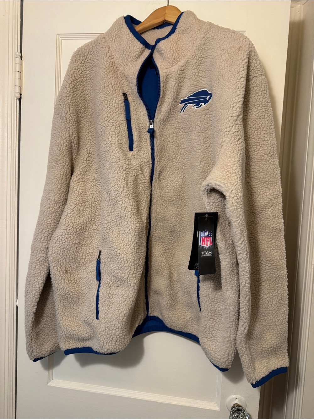 Men’s 47 Buffalo Bills David Bitton Cream Sherpa Jacket with Blue Trim